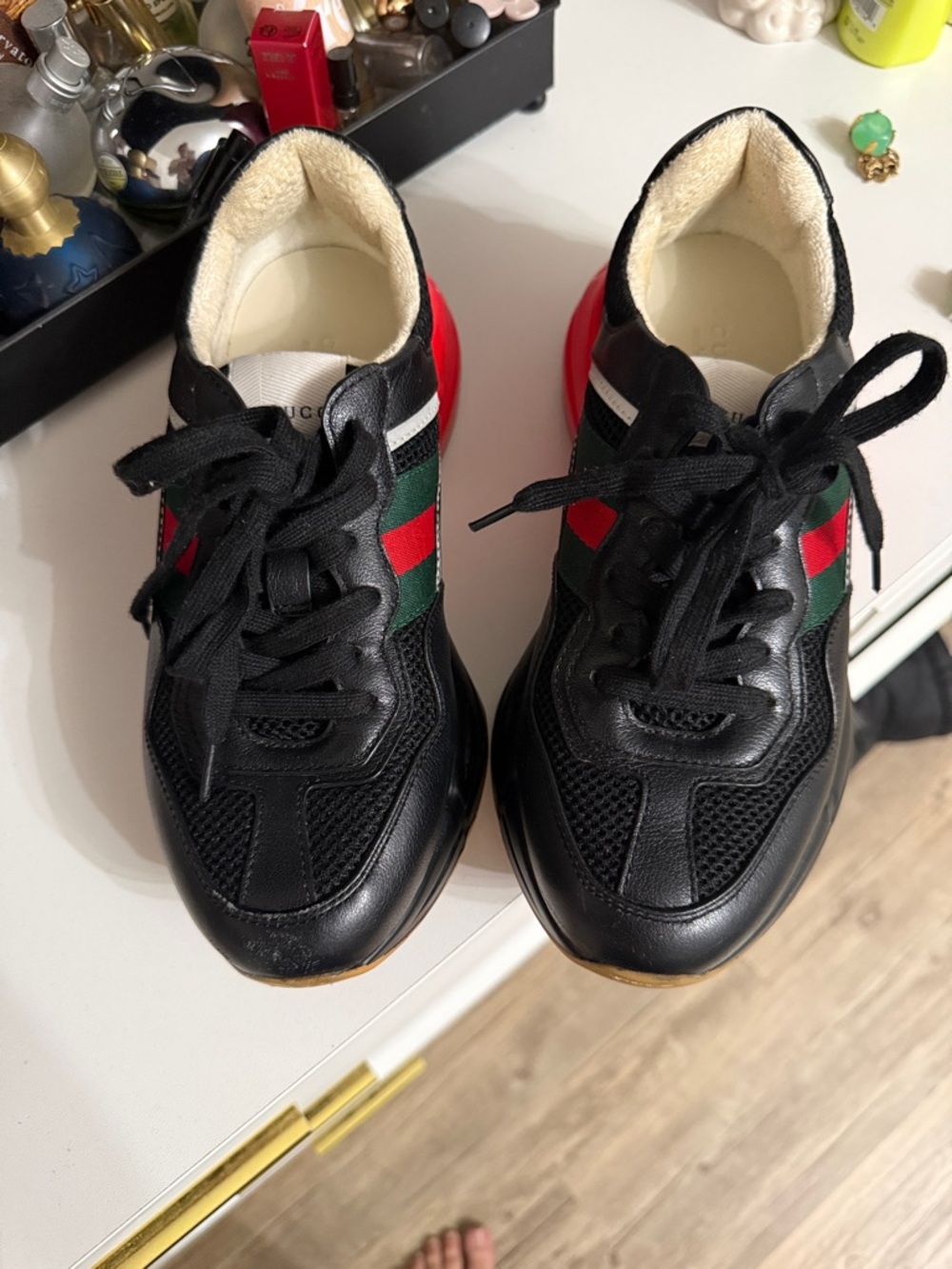 Gucci Black Leather Sneakers with Red and Green Web Stripe and Red Heel